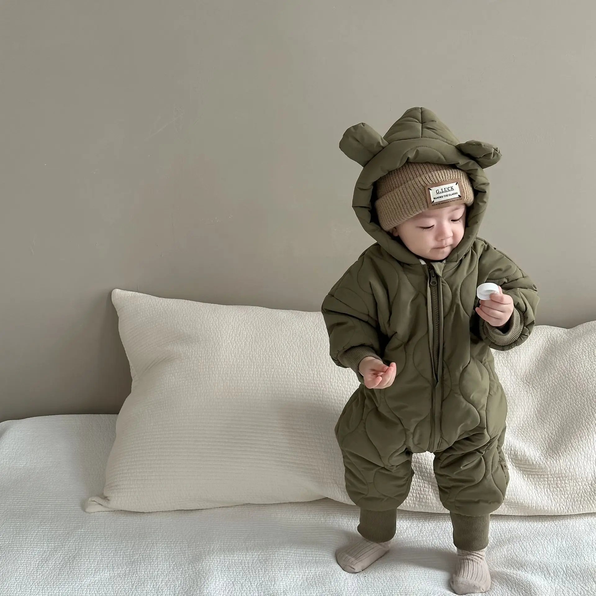 2024 Winter New Baby Boy Long Sleeve Warm Romper Plus Velvet Thick Newborn Toddler Jumpsuit Infant Hooded Padded Jacket 0-24M image 5