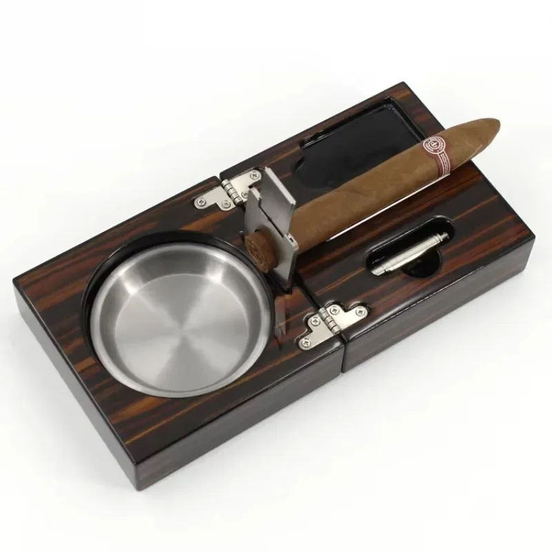 

Professional Premium Stainless Steel Cigar Accessories Wooden Portable Folding Cigar Ashtray