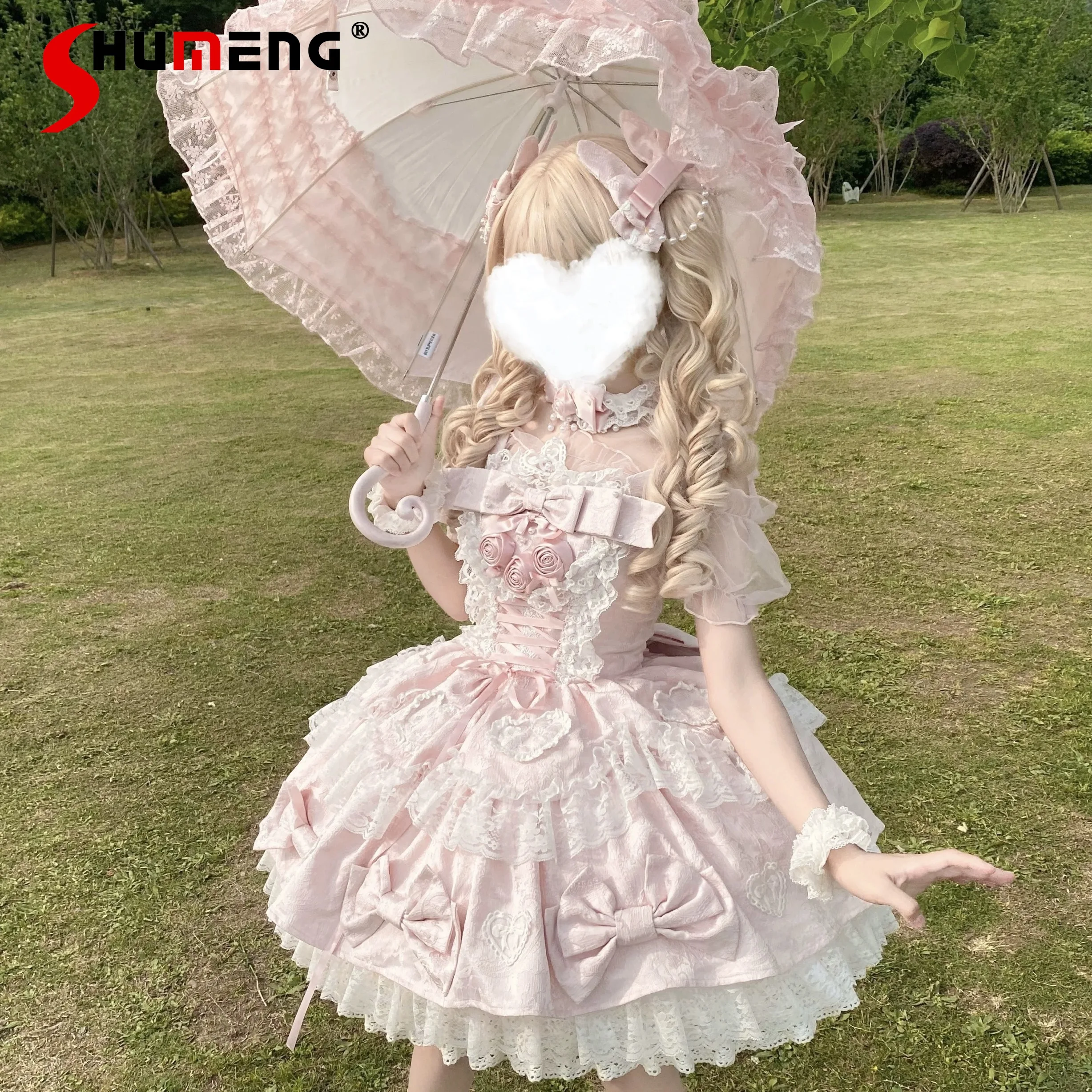 

Girl's Princess Pink Lolita Sling Dresses JSK Women's Slim Fit Cute Bow Sweet Elegant Birthday Party Dresses Vestidos De Mujer