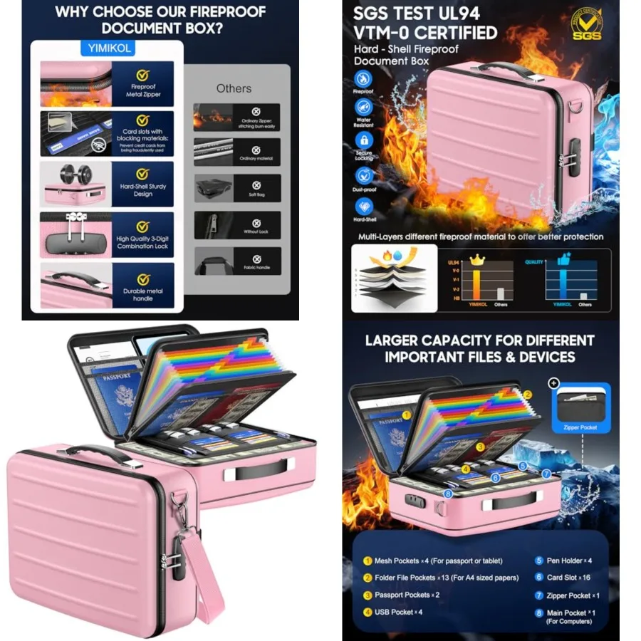 

Fireproof with Lock, Hard-Shell Fireproof Safe for Home Documents, Portable Travel Fire Proof File Box for Passport Laptop Cert