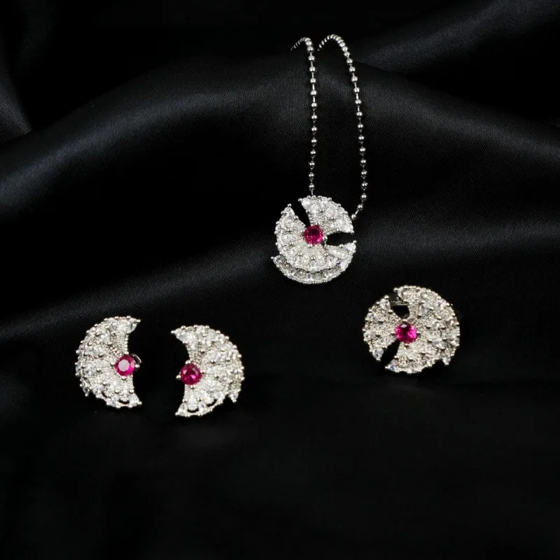 

2024 Light Luxury Fashion Jewelry Set Red Zircon Ring Necklace Stud Earrings Everyday Versatile New Year's Style