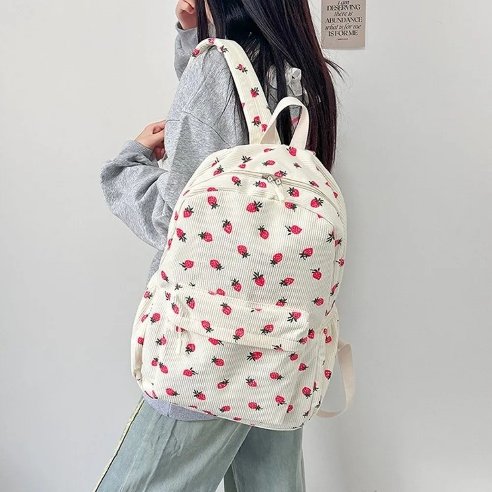 Strawberry Corduroy Backpack Solid Color Large Capacity Students School Bag Portable Japanese Style Students Daypack Women