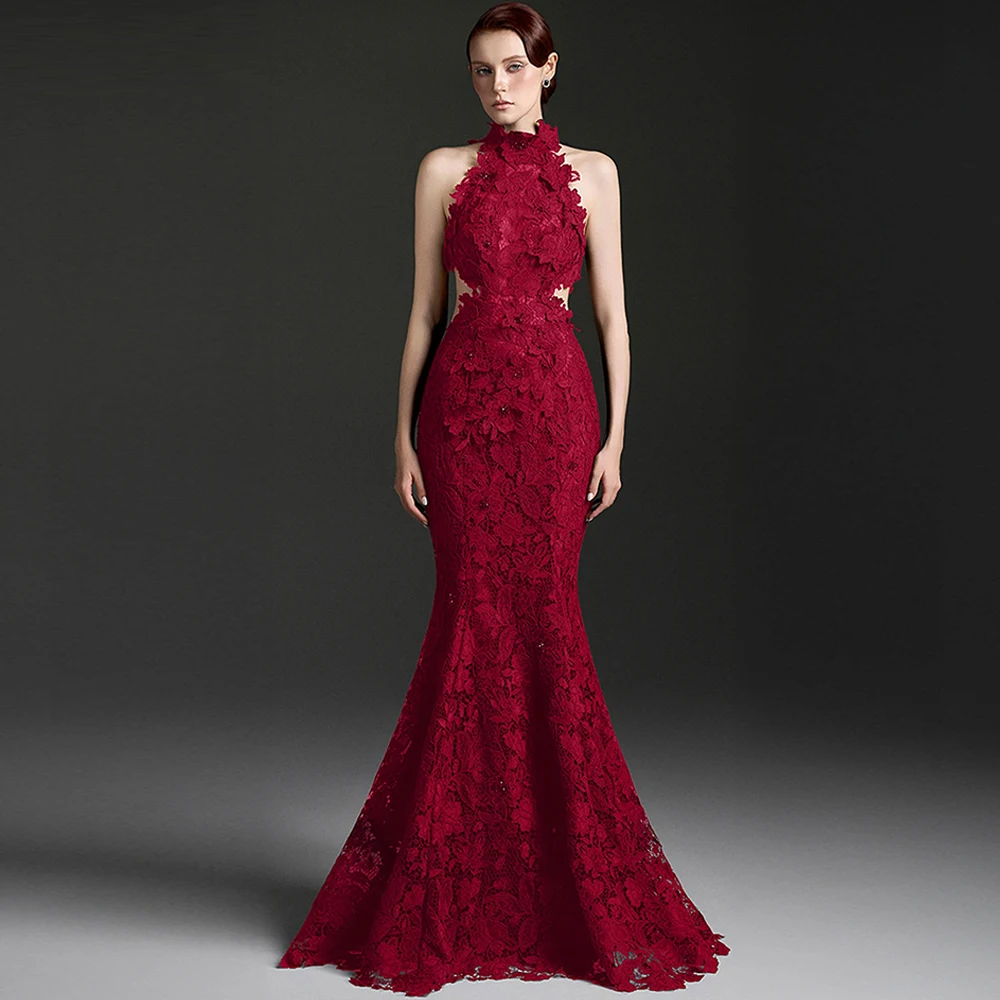 

Sexy Burgundy Lace Evening Dress Graceful Sleeveless Sweep Train Prom Dresses Fashion Mermaid Customized Special Occasion Gowns