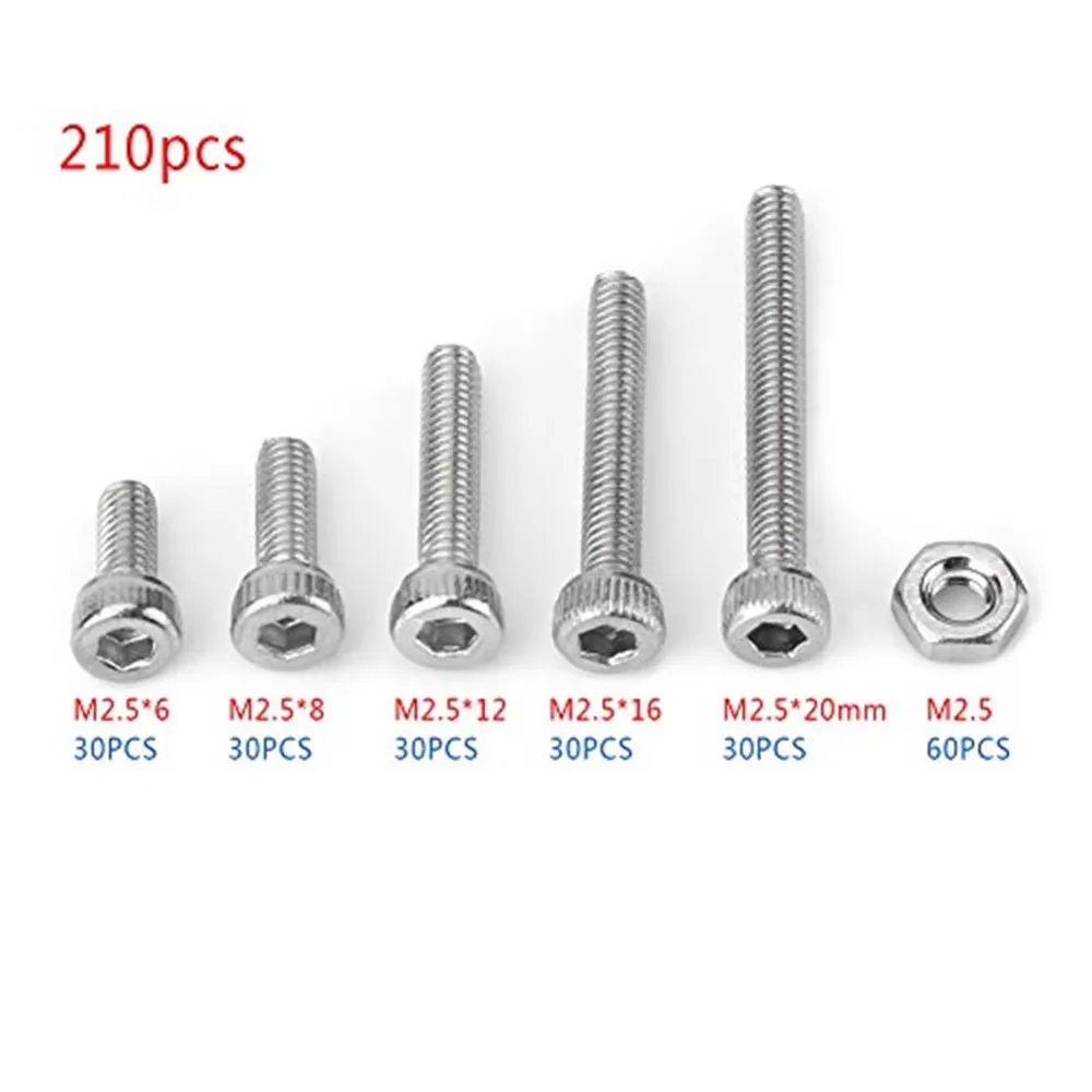 210 pcs M2.5 Stainless Steel Hex Socket Head Screws and Hex Nuts for Machine Fastener Assortment Kit