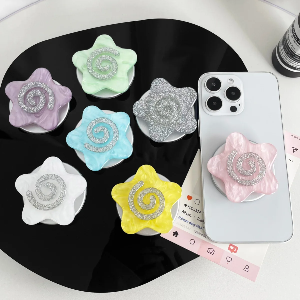 

Glitter Star Folding Expandable Mobile Phone Holder Grip Socket Pocket Support for iPhone 17 Finger Ring Griptok Expanding Stand