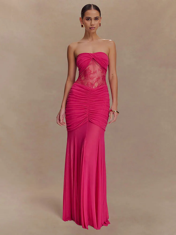 Articat elegante senza spalline in pizzo patchwork doppio strato stretto abito lungo donna sexy backless sheer party club aderente abiti2025