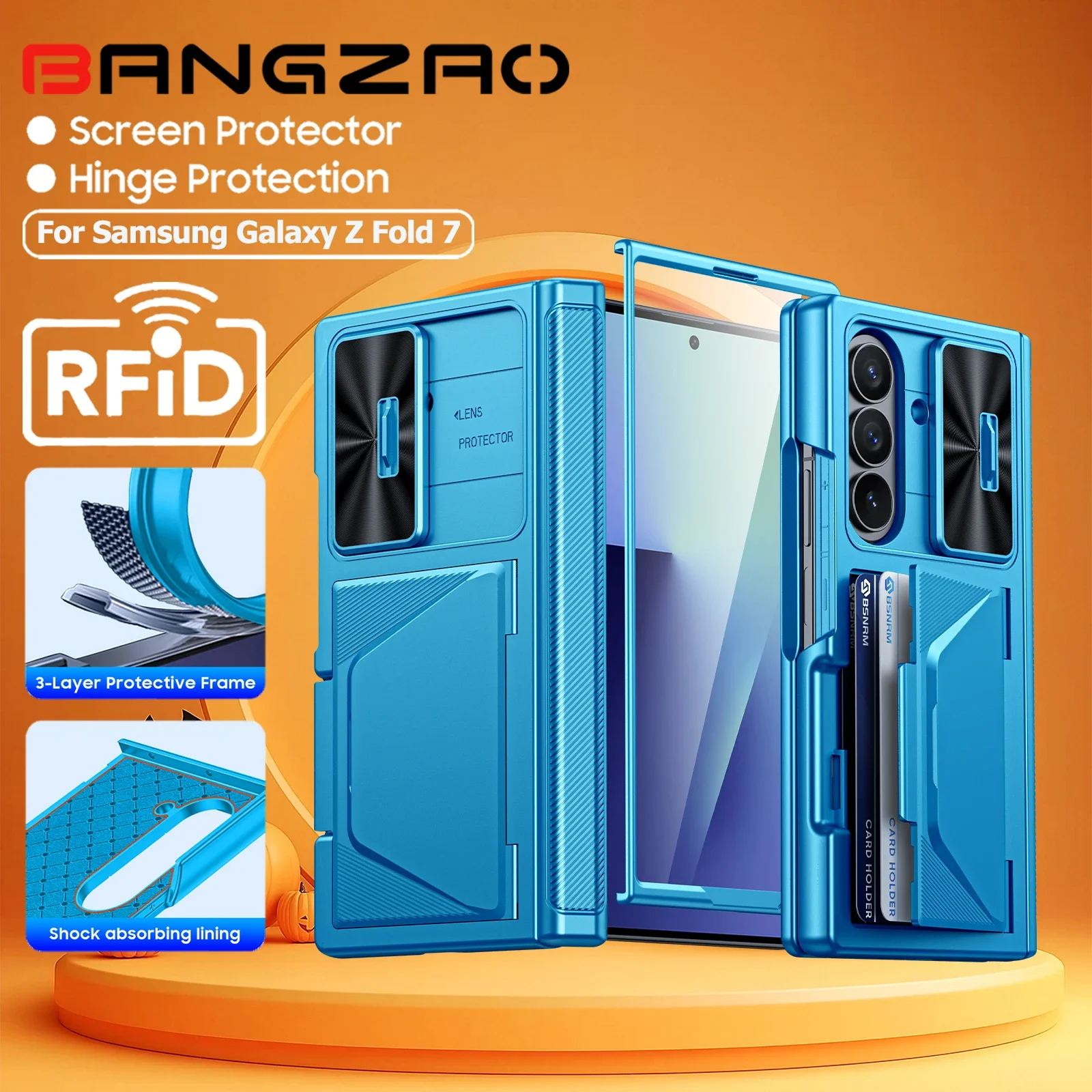 

Halloween Gifts for Galaxy Fold 7 Case,RFID Wallet with Cards Holder,Camera Cover,Shockproof Silicone Protective Case-Light Blue