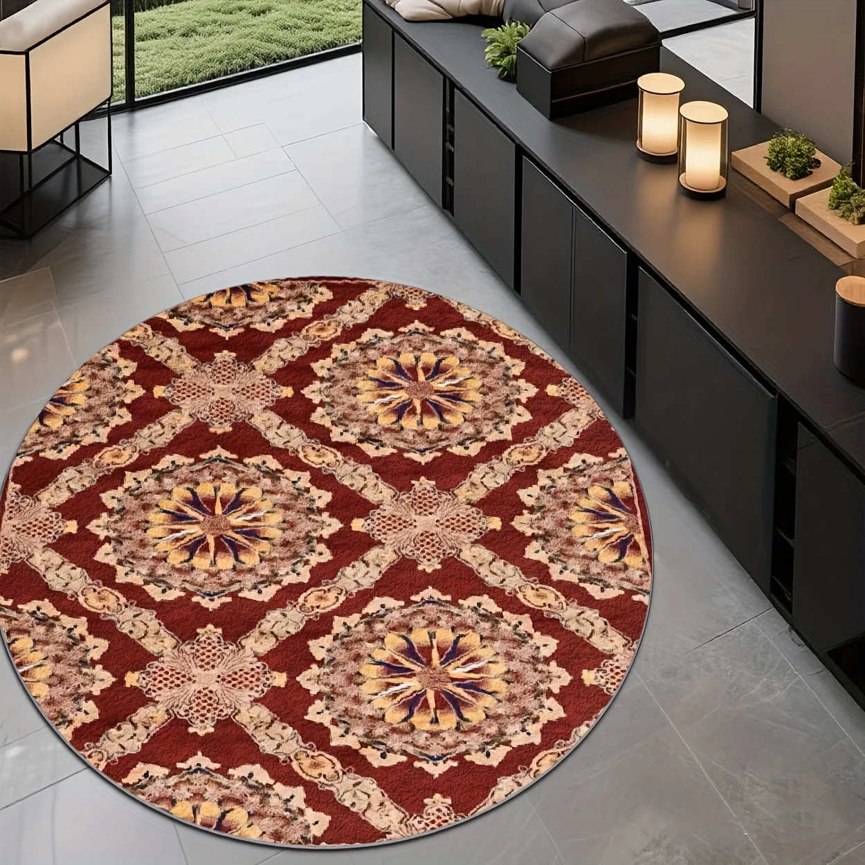 Vintage Checkered 2d Print Entrance Mat Retro Circular Non Slip Pad For Cafe Office Hotel Lobby Lounge Space