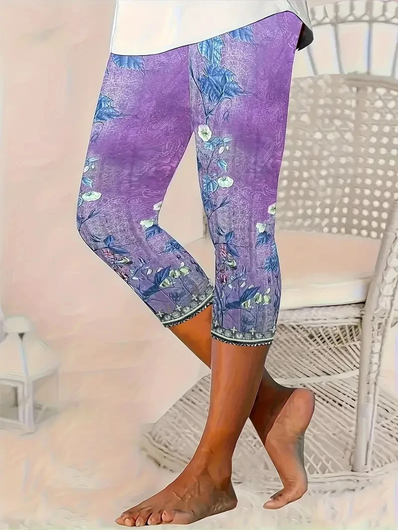 Ethnic style printed casual women\'s pants elastic elastic waist tight leggings capri pants women