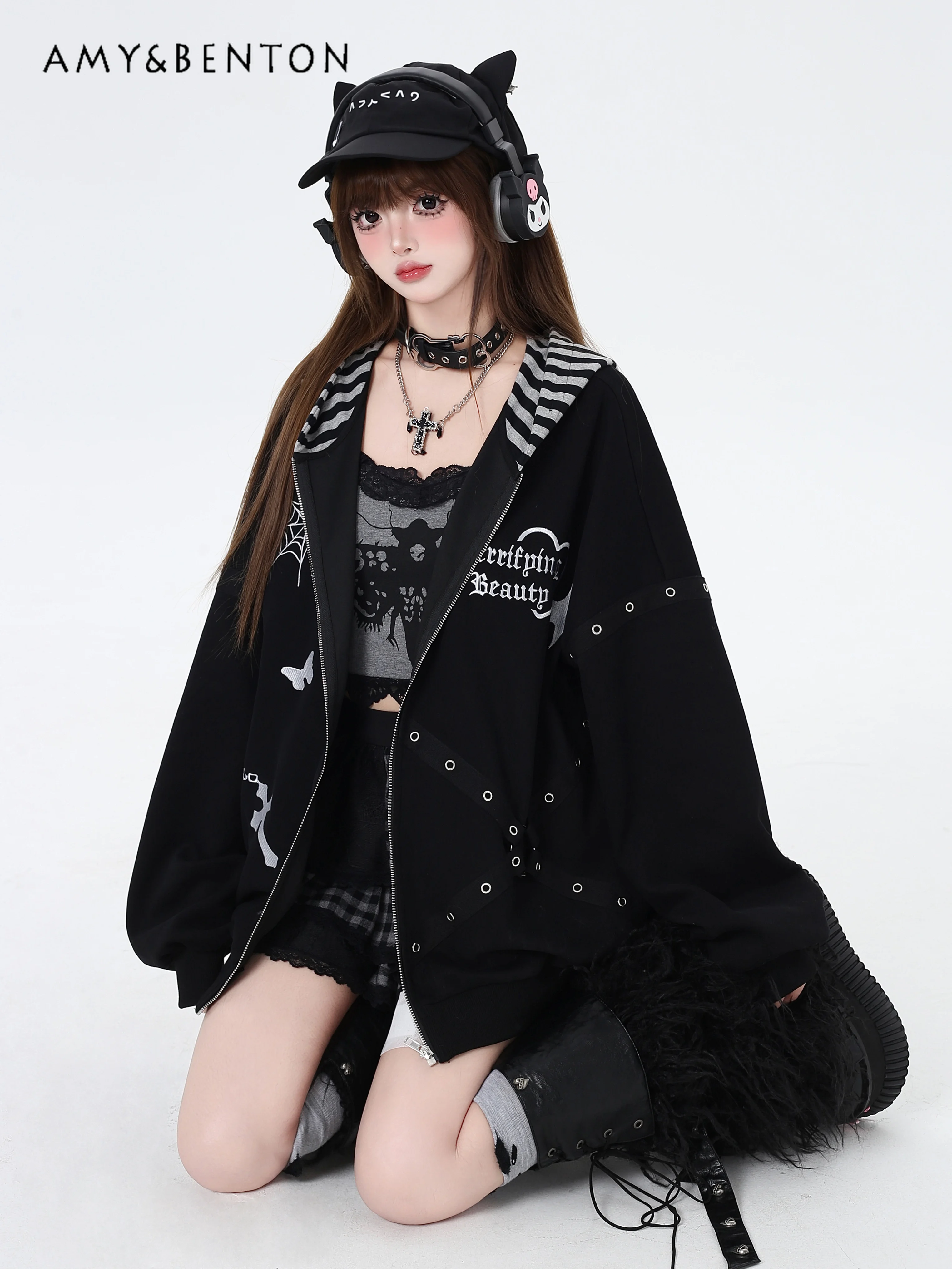 Subculture Japanese Sweet Cool Embroidery Striped Splicing Hoodies Early Autumn New Preppy Style Cute Oversized Hoodie Student