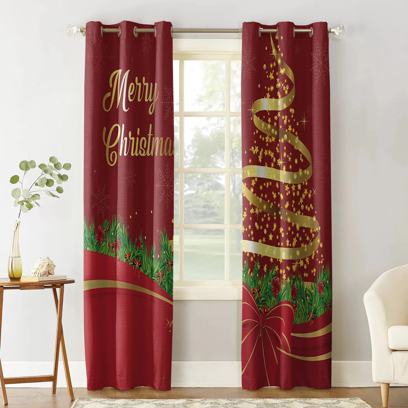 Pine Merry Christmas Window Curtain Made Finished Drapes Home Decor Kids Room Window Treatments Curtains