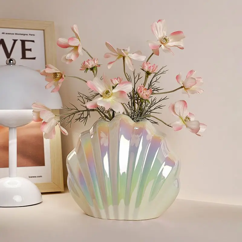 

pearly luster Shell Ceramic Vase for Living Room Decoration, Elegant Home Decor Flower Arrangement Tabletop Centerpiece Artwork