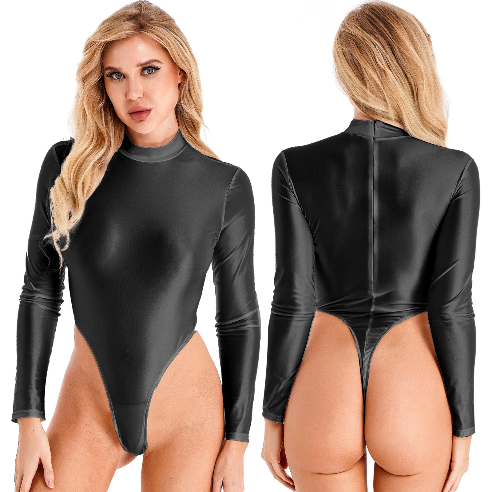 Body da donna a maniche lunghe attillato lucido da ballo taglio alto con cerniera T-Back Body da ginnastica ritmica a forma di yoga Costume da bagno Dancewear