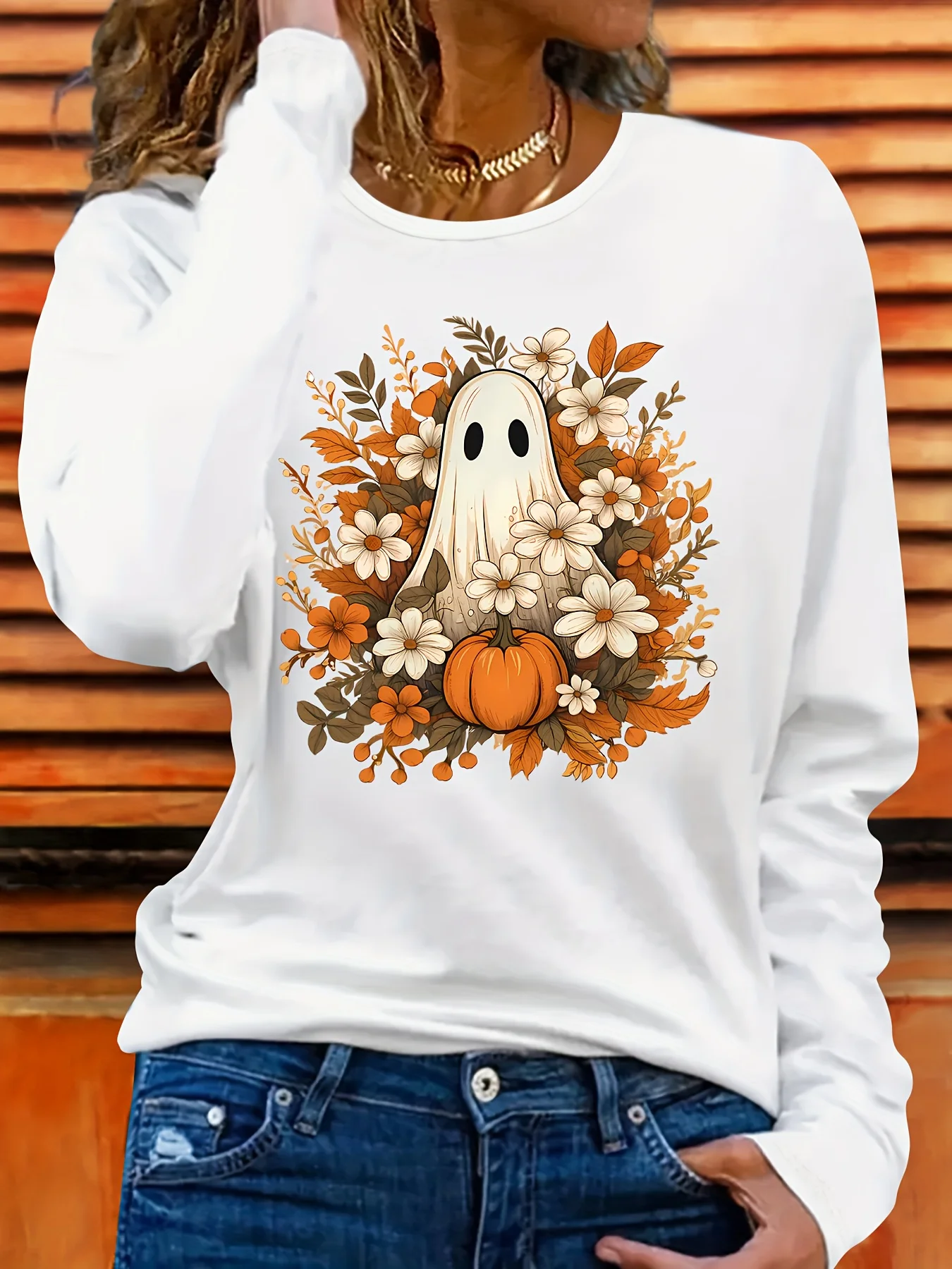 Halloween Series Ghost in The Flower Patch with A Pumpkin Print Casual Long Sleeve T-Shirt Women's Fashion T Shirt Clothes Femme