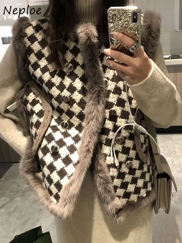 

Neploe Celebrity Elegant Moda Casual Vest Small Fragrance High Street Houndstooth Women Tops Fur Collar All-match Loose Mujer