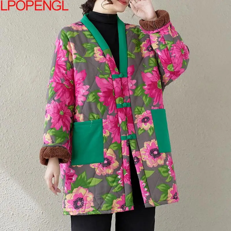 Retro Printed Cotton Jacket Women\'s 2024 Winter Velvet Thickened Mid-length Ethnic Style Disc Buckle Floral Long Sleeves Coat