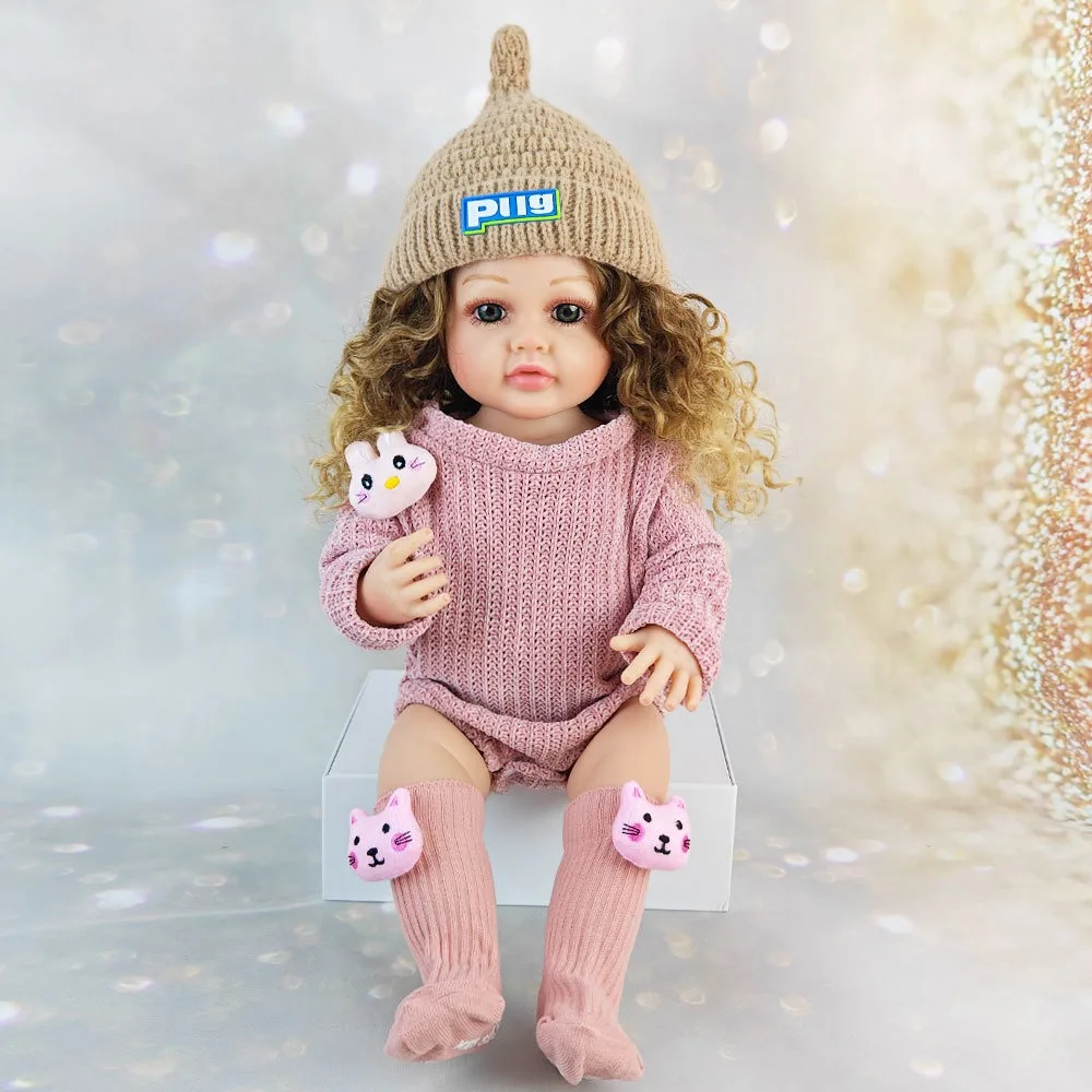 55cm Curly Hair Simulation Girl 22inch Cute Dress Vinyl Body Reborn Dolls Dress Up Game Doll Children's Day Gift