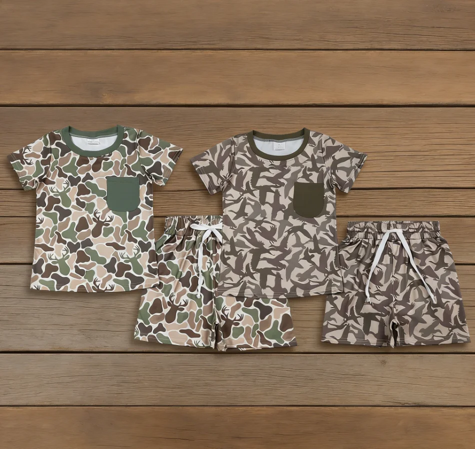 Wholesale Children Short Sleeves Ducks Deer Pocket Shirts Toddler Shorts Kids Boys Outfits Pajamas Baby Boy Summer Sets Clothes