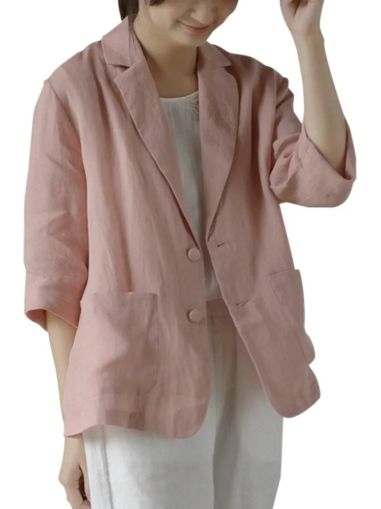 Chaqueta Casual Hoada de Lino para Mujer, Abrigo Pequeño de Color o de Aodón y Lino con Botones, Top de Lino para Mujer