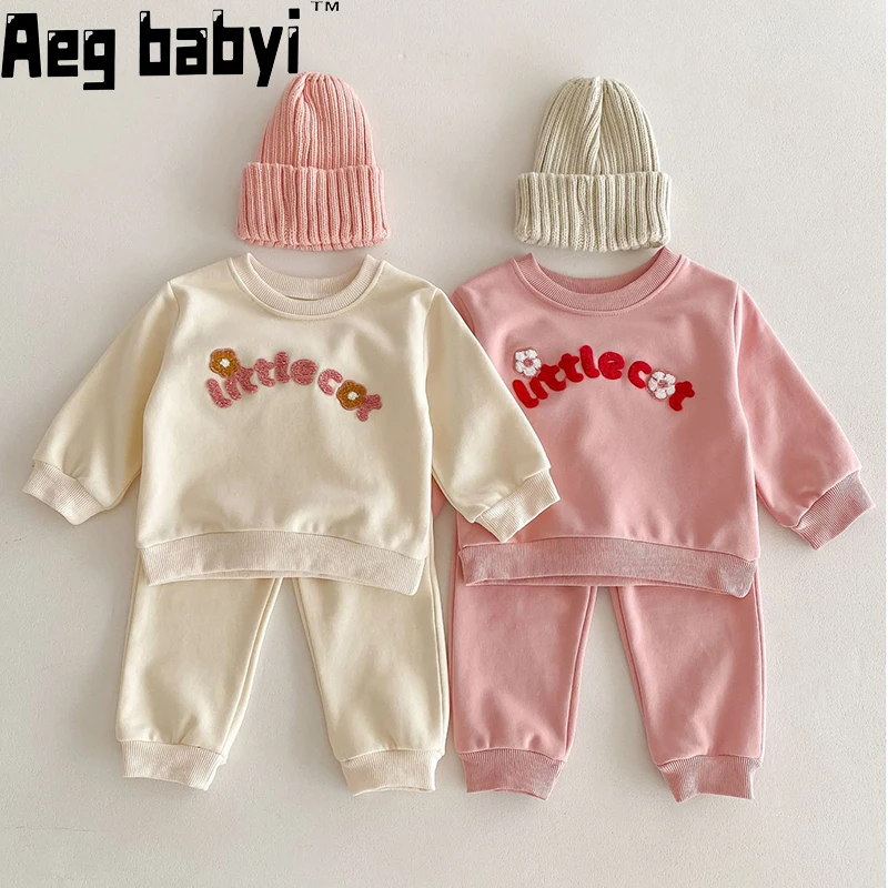 

Spring New Baby Clothing Sets Letter Embroider Cotton Kids Boys Girls Clothes Autumn Loose Tracksuit Pullovers Tops+ Pants 2PCS