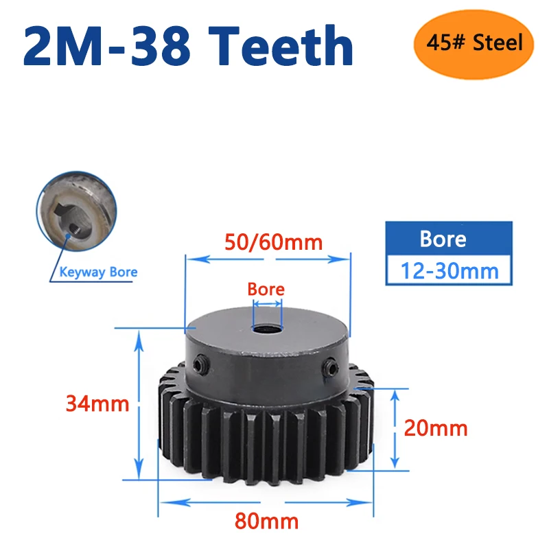 

1pc 38 Teeth 2M Spur Gear with Step 2 Module 38T 45# Steel Transmission Drive Gear Bore 12 14 15 18 19 20 22 25 28 30mm