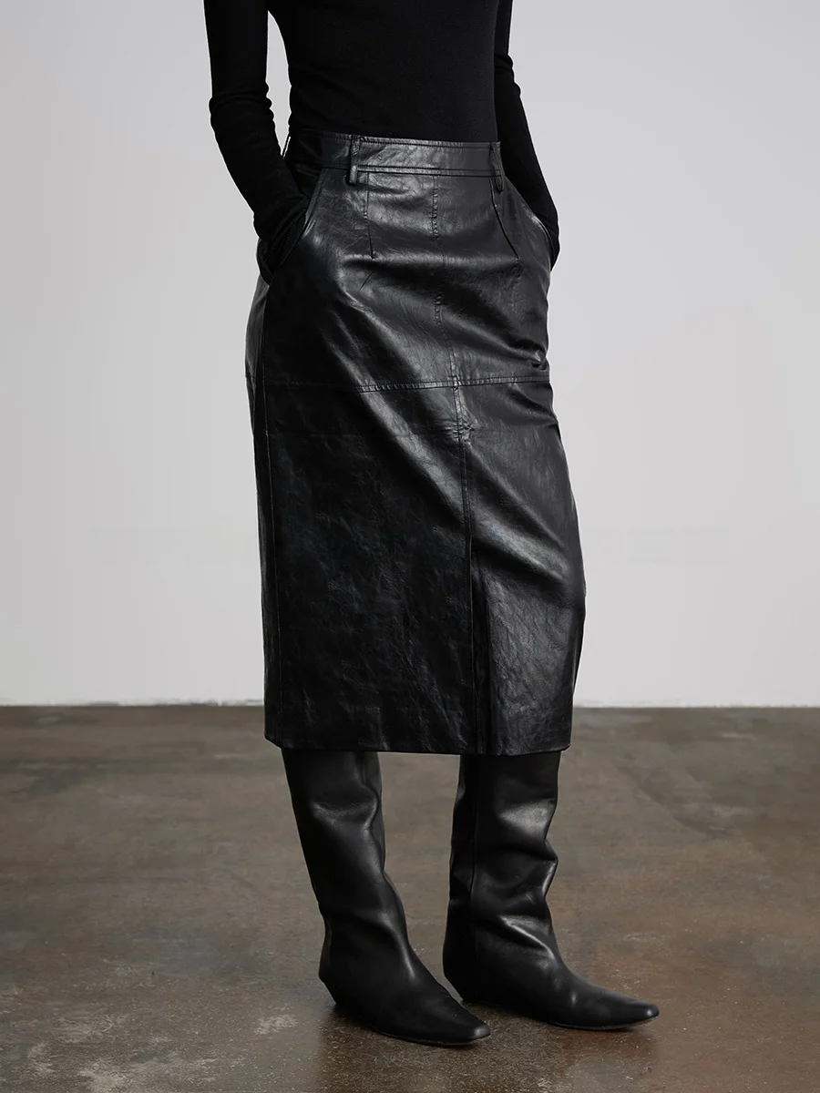 

Retro Design Black Asymmetrical Skirt High Waist Straight Leg Pencil Skirt for Autumn Winter Polyurethane Elastic Fiber