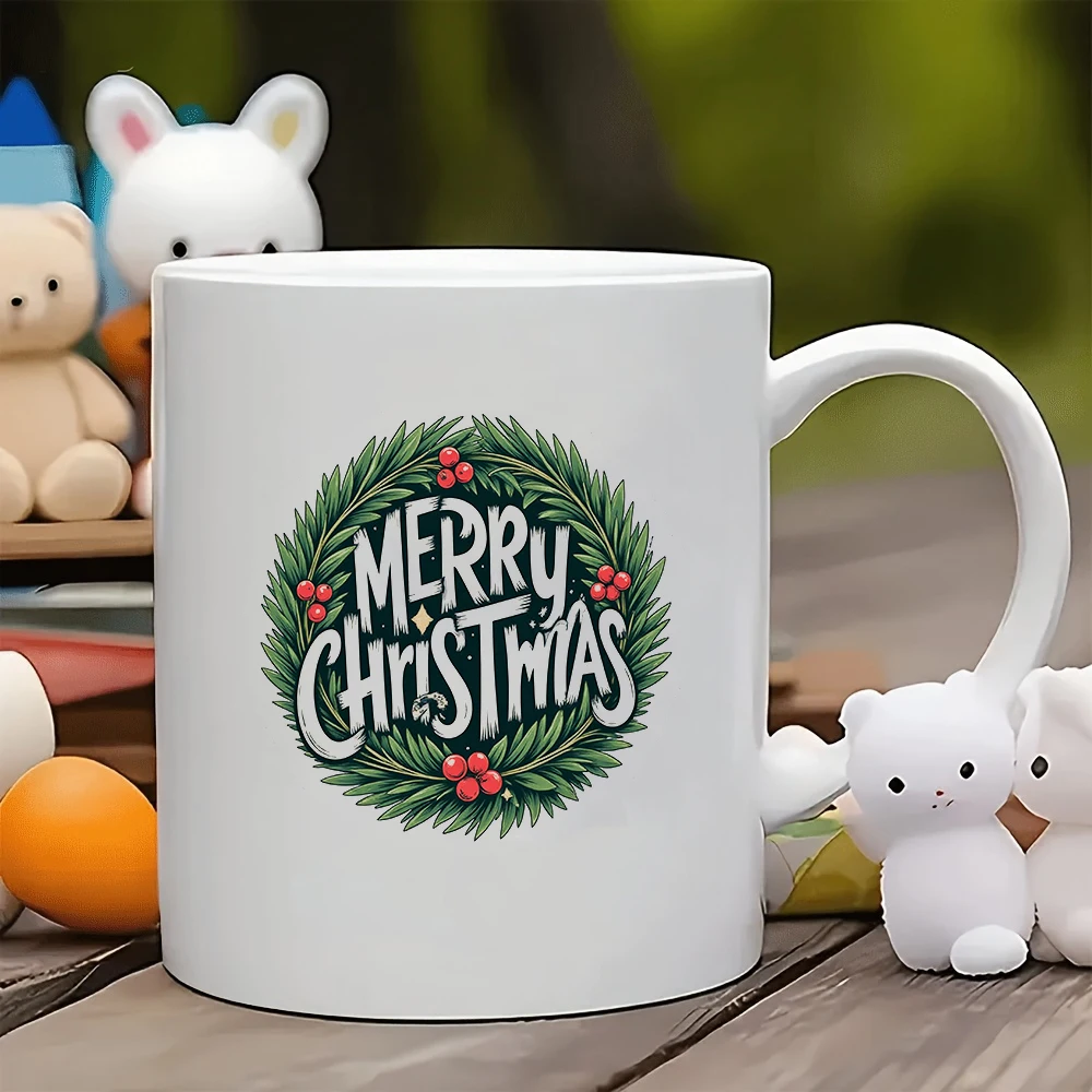 

11oz Cup + Vintage Handwritten Merry Christmas + Wreath Berry Star Decor + Cartoon Style Family Cup Gift