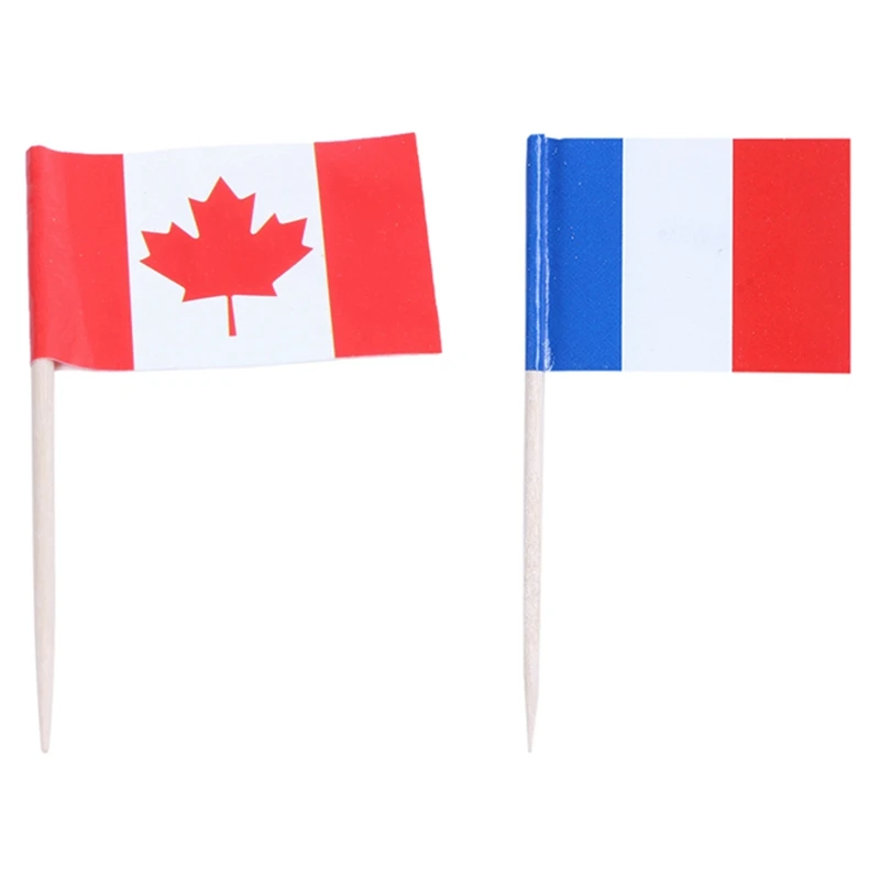 100 szt. Mini drewniana wykałaczka z flagą do dekoracji ciast owocowych - 50 szt. Kanada i 50 szt. Francja