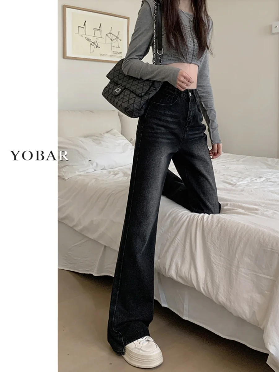 جينز نسائي واسع الخصر سروال جينز نسائي مرن فضفاض للتخسيس طويل من القطن المطاطي من قماش الدنيم مقاس كبير