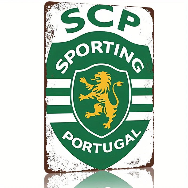Placa de Metal Vintage Sporting CP Portugal - Arte de Parede com Emblema Escudo de Leão Verde e Branco para Decoração de Man Cave, Bar, Garagem, Café
