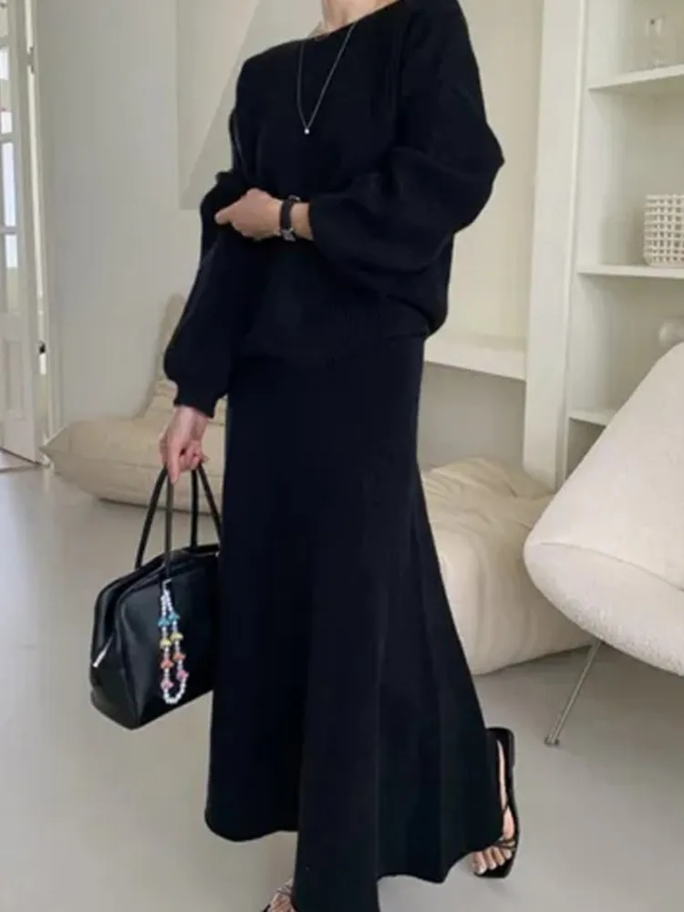 Autumn Winter Chic Knitted Two Piece Set Puff Sleeve Sweater Lazy Oaf Pullover Women Korean Midi Skirt Woman Ladies Sets