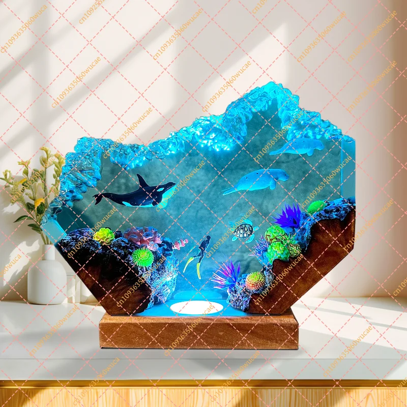RGB Ocean Resin Lamp, Handmade Wooden Night Light, Marine Table Lamp Home Decor