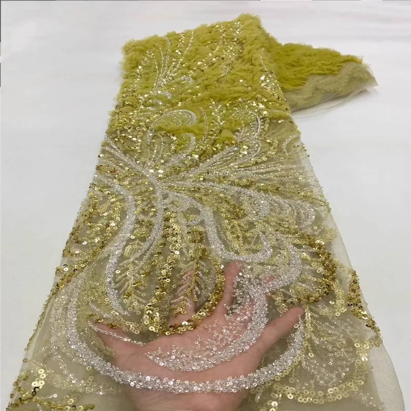 

5 ярдов нигерийская французская сетчатая кружевная ткань для шитья свадебного платья тяжелая промышленность цветочная бусина трубка с блестками вышитая ткань