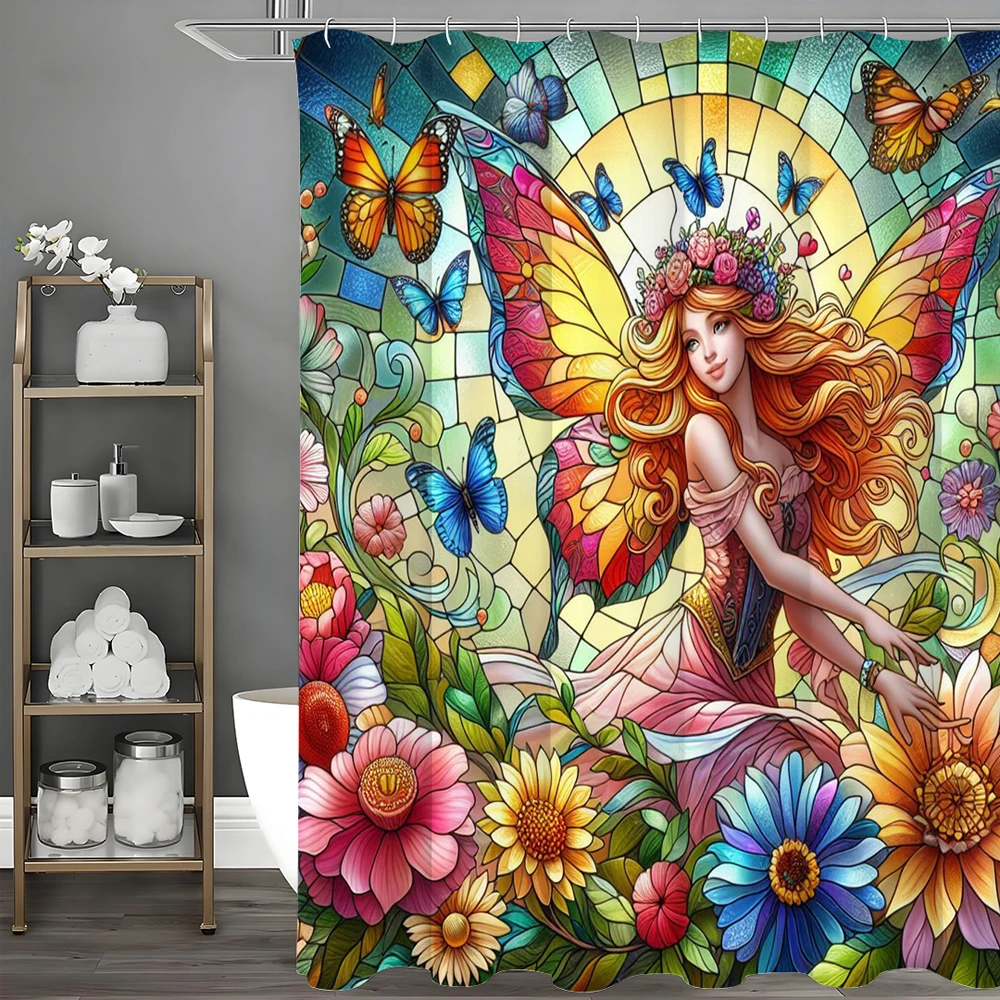 

Elf Flower Butterfly Shower Curtain, Bathroom Decorative Shower Curtain, Waterproof Shower Curtain with Hooks