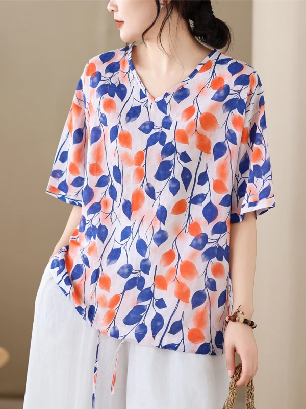 

Loose Cotton Linen Short Sleeve V-Neck T-Shirt Women's Casual Drawstring Top Polka Dot Print Summer New Style plus Size