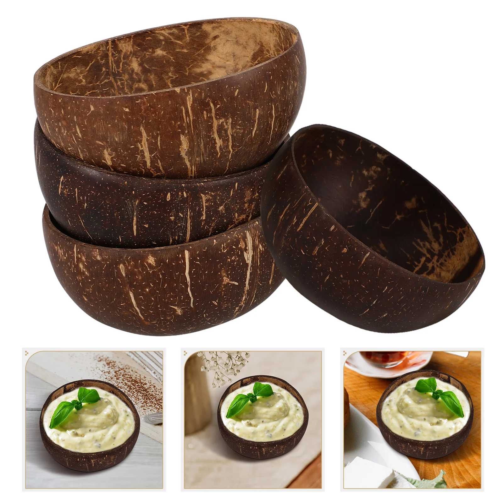 

4pcs Coconuts Shell Natural Decorative Dessert Bowl Food Serving Bowl Small Size Stable Base Reusable Kitchen Utensil Storage