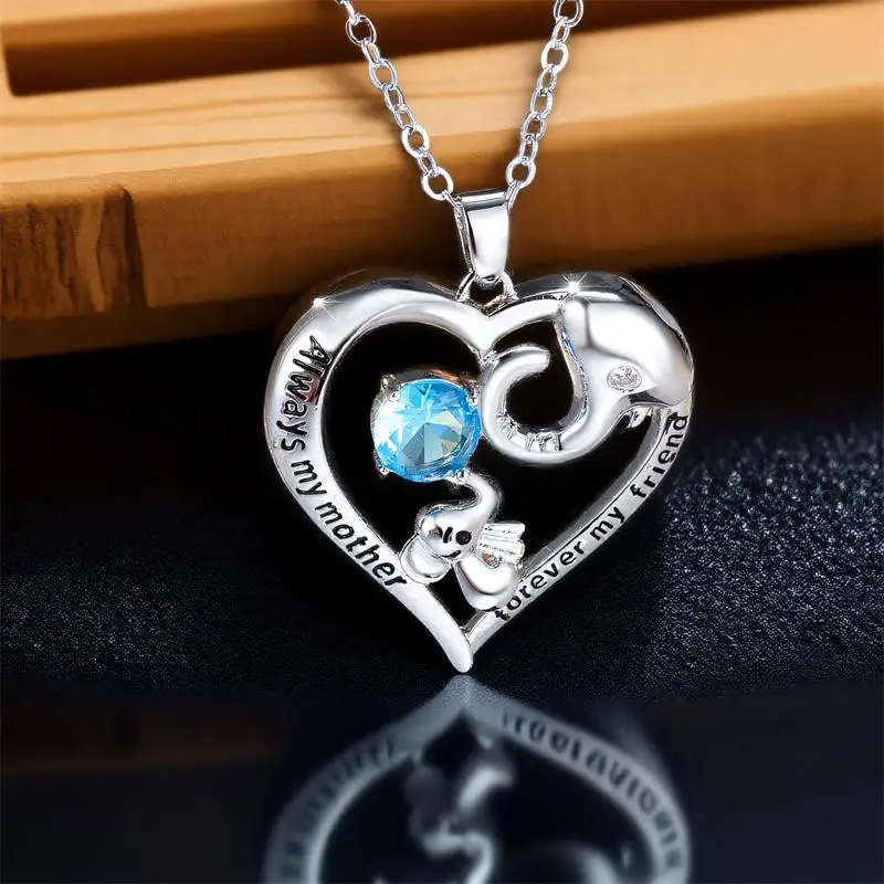 Female Aqua Blue Crystal Zircon Love Heart Pendant Necklace Vintage Silver Color Wedding Jewelry For Women Mother's Day Gifts