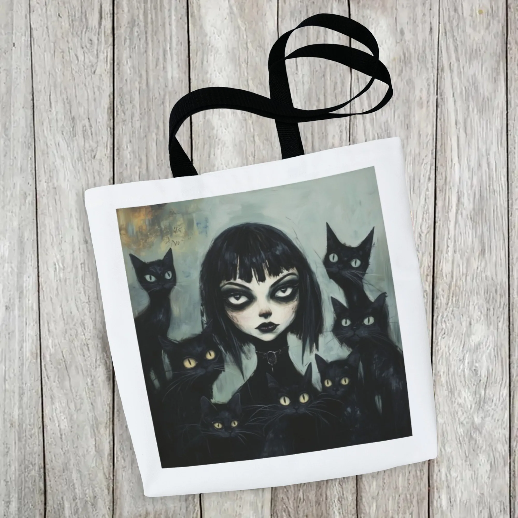 Urban Edgy Gothic Canvas Tote Bag Dark Cat & Girl Art Print Shoulder Bag Women's Stylish Perfect for Dark Aesthetic Fans