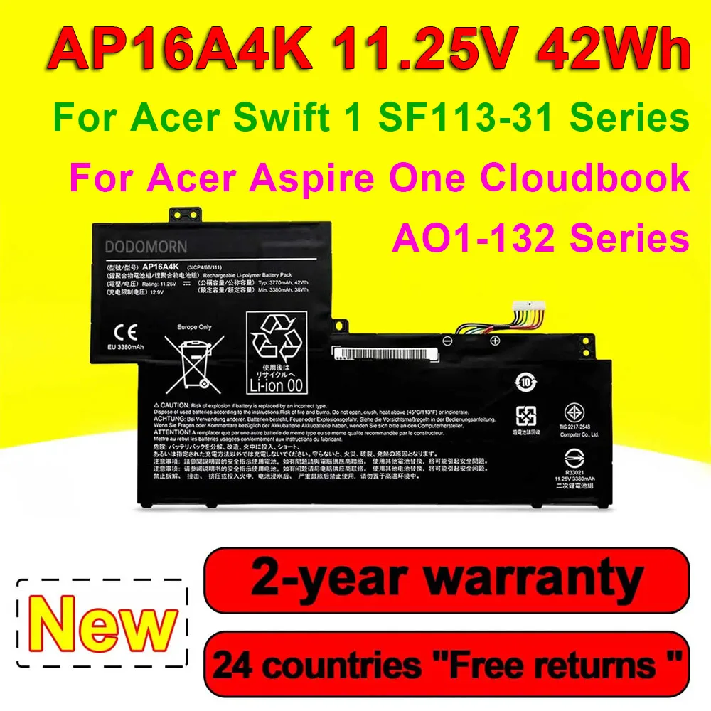 AP16A4K Laptop Battery For Acer Swift 1 SF113-31 SF113-31-P57A  Aspire One Cloudbook AO1-132 C0QL C129 11.25V 42Wh 3770mAh