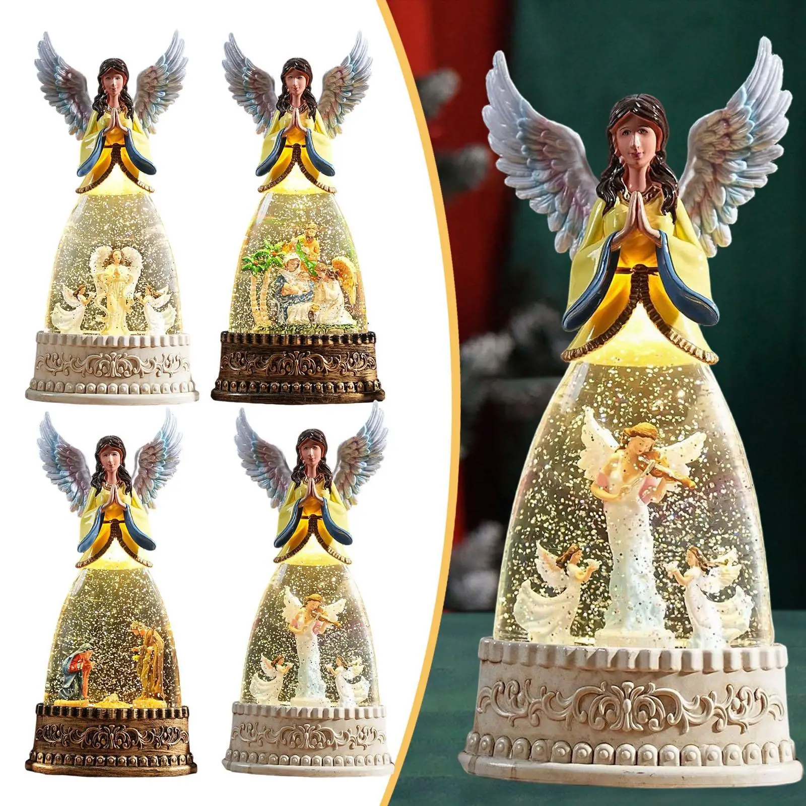 Musical Christmas Snow Globe Desktop Ornament Angel Figurine Decorative Christmas Decoration Night Light for Living Room Desk