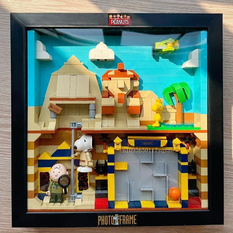 

Snoopy Building Block Photo Frame Space Egypt Exploration Assembly Model Room Decor Collectible Puzzle Toy Birthday Gift