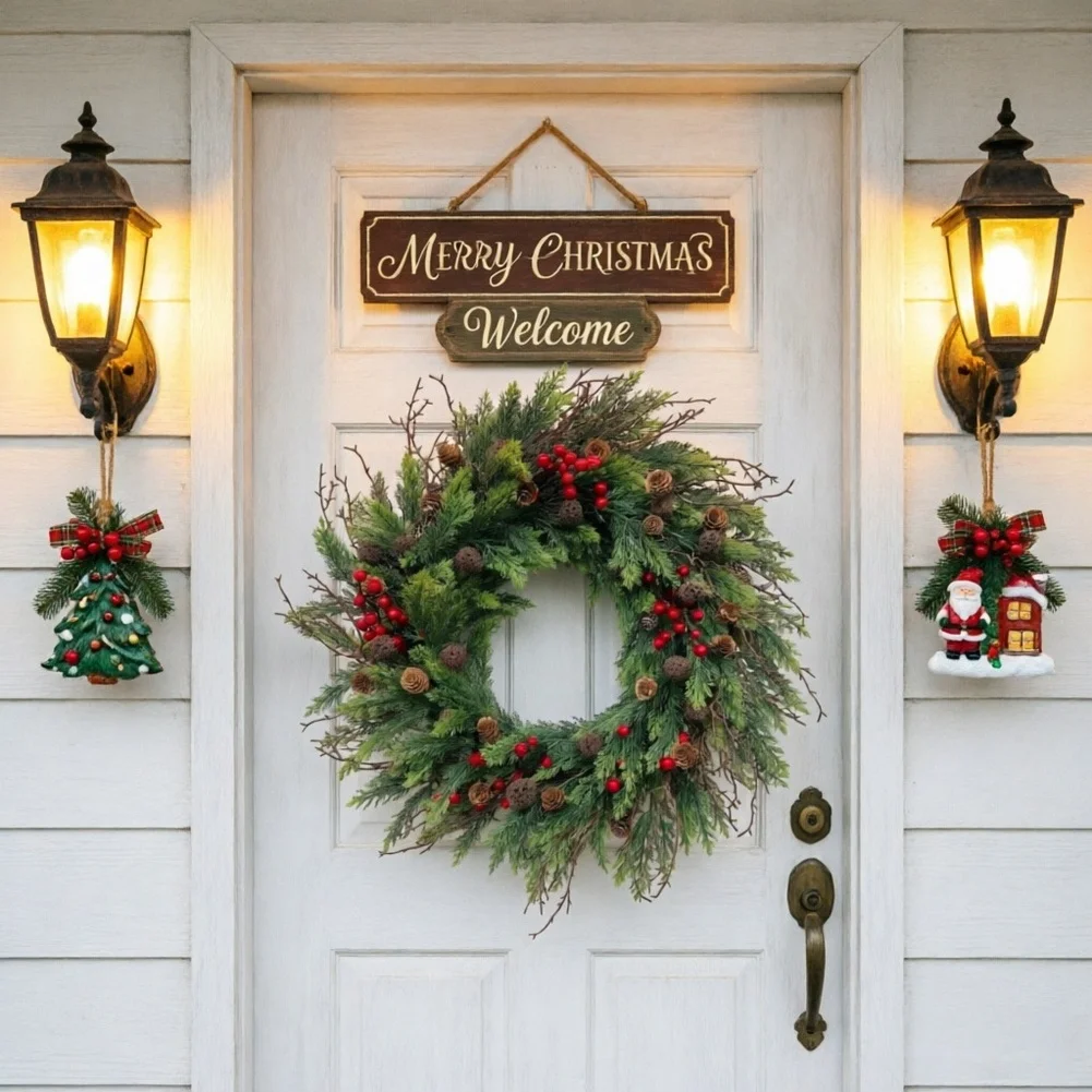 Artificial Cedar Wreath With Red Berries And Pine Cones Snow Dusted Holiday Door Wall Hanging Christmas Tree Ornament Decor 45cm