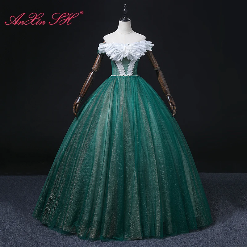AnXin SH princesa encaje verde arco blanco cuello barco rebordear perlas volantes brillantes vestido de fiesta con cordones vestido de noche personalizado