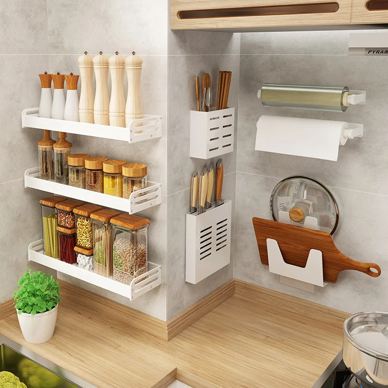 

Kitchen Supplies Punch-free Strong Wall Hanging Pendant Storage Rack Stainless Steel Knife Rack White Shelf Seasoning Rack