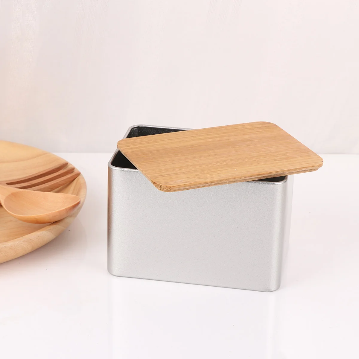 

2Pcs Bamboo Cover Tinplate Can Creative Multi-Functional Storage Container Tea Box for Travel Home Office Use S