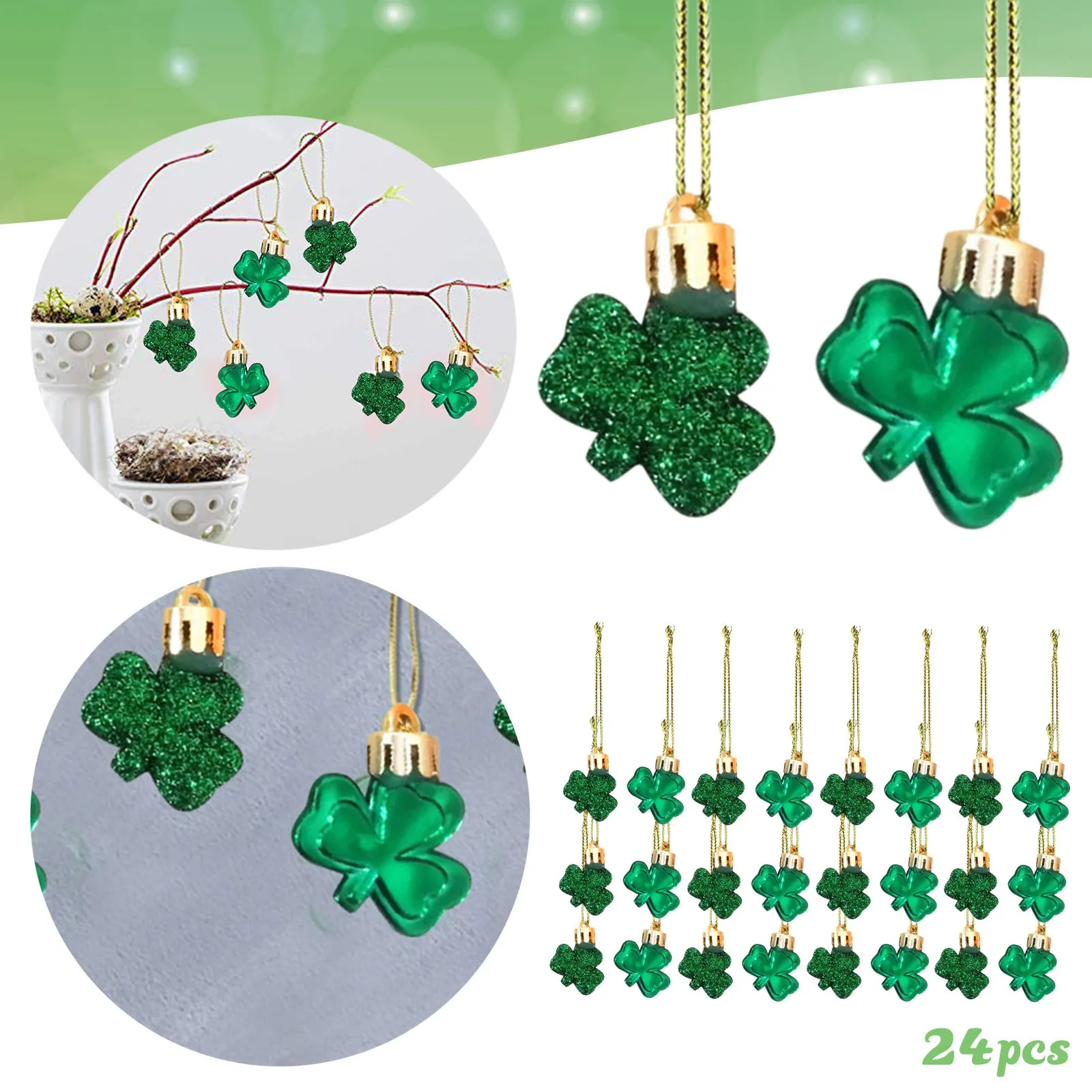 24 Pieces Irish Shamrocks Ornament Glitter Good Luck Clover Hanging Bauble Green Shamrock Pendant St. Patrick'S Day Decorations