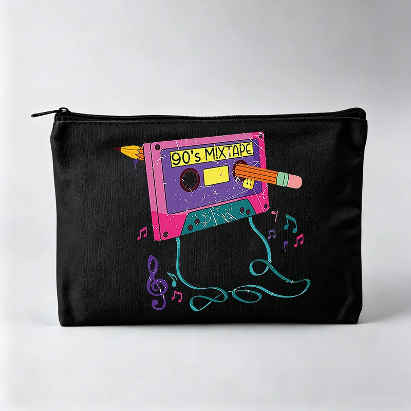 Women's Cassette Tape Graphic Makeup Bag, Retro Music Inspired Cosmetic Pouch for Daily Use