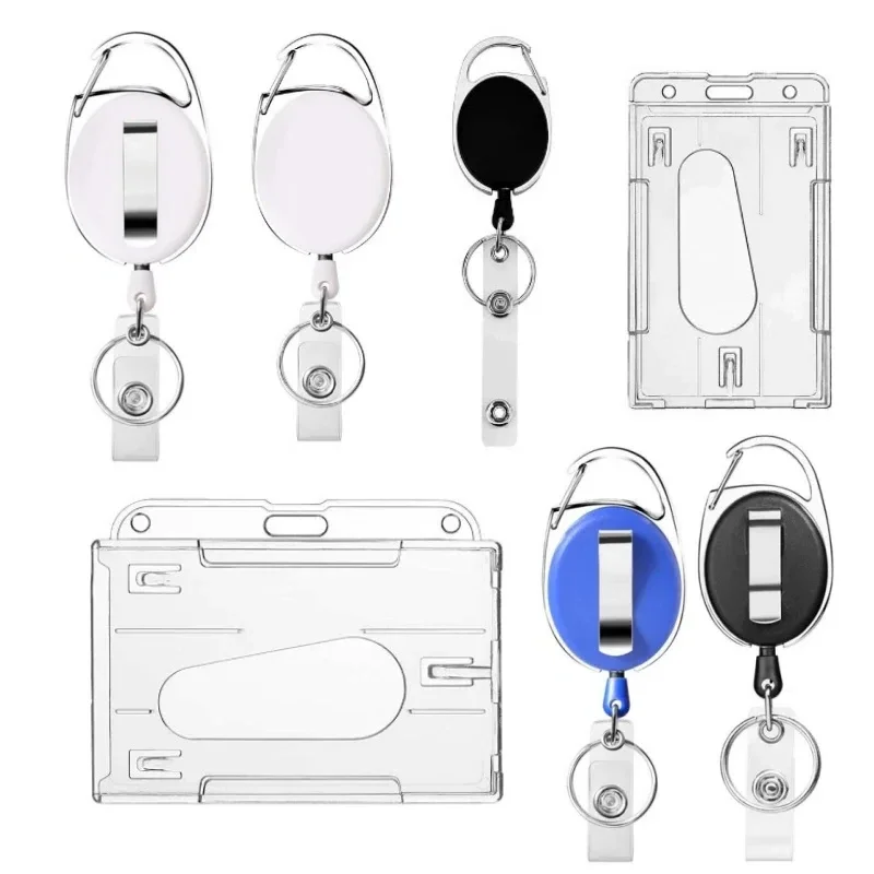 1pc Transparent Working Permit Case Clip Keychain Double Cards Hold ID Tag Badge Holder with Badge Reel Pass Work Card Case