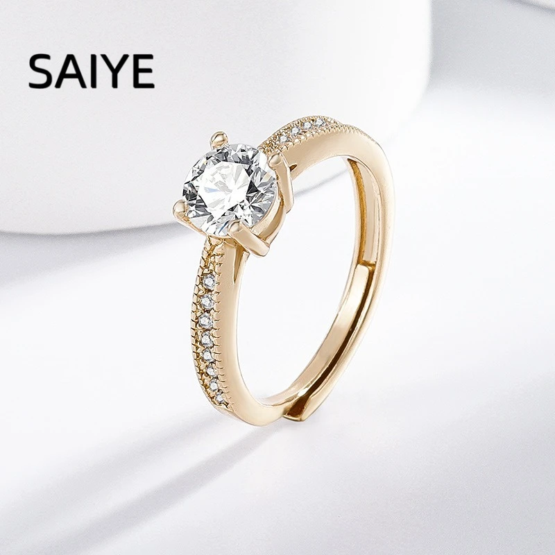 925 Sterling Silver Gold Plated Ring for Women Round Zircon Solitaire Ring Micro Pave Side Stones Open Ring Fine Jewelry Gift