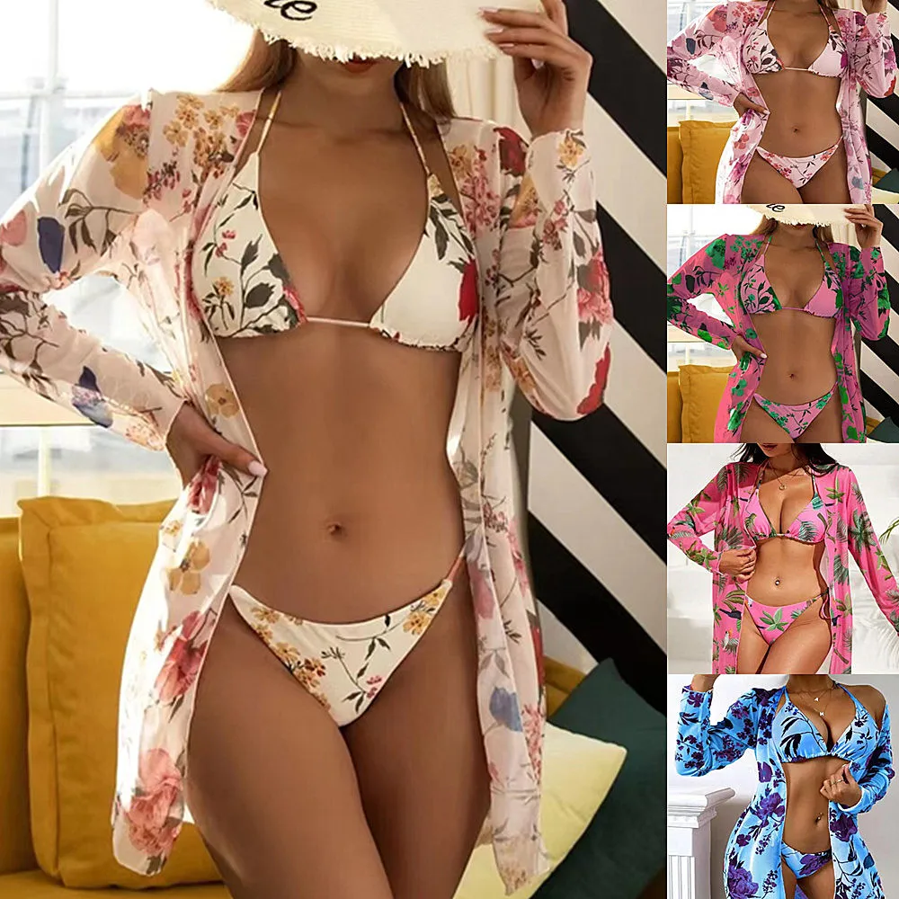 

[5 Colors] 2024 New European and American Swimsuit Printed Mesh Three-Piece Blouse Bikini Swimsuit